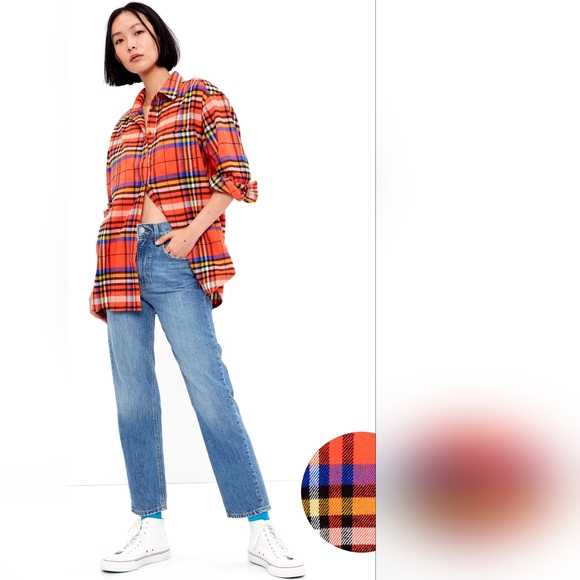 GAP - Button-Up Flannel Big Shirt 439301: Orange Tartan Plaid Red: Medium Petite - Picture 6 of 15